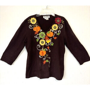 Vintage Jack B. Quick Fall Embroidered‎ Sequin Top Pumpkins Sunflowers Halloween
